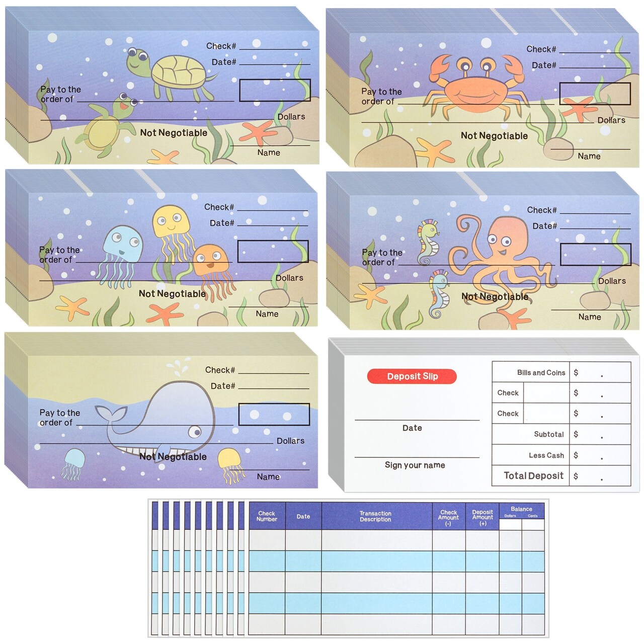 Prop Money Checkbook Set - Math Manipulatives & Fake Checks - Homeschool Supplies & Financial Literacy for Kids - Realistic Money Simulation - Sea Animal Theme, 6 x 3 in, 150 Sheets